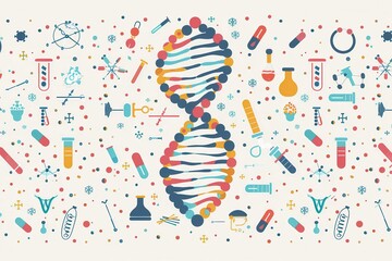 Aufkleber - A vibrant double helix DNA strand is framed by various medical icons, reflecting the dynamic nature of genetic research and healthcare activities. Generative AI