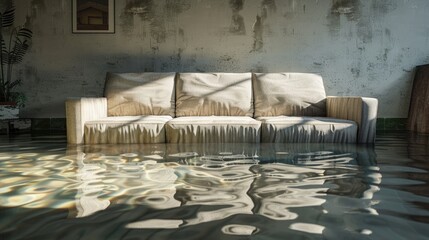 Wall Mural - A couch is sitting in a flooded room. The couch is white and has three pillows. The room is dirty and has a gloomy atmosphere