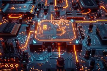 Wall Mural - A computer chip is lit up in orange and blue. The chip is surrounded by other electronic components