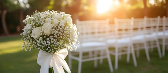 Wedding chairs with white ribbons bouquets. Concept motif for weddings and wedding planners.