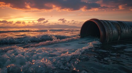Wall Mural - a pipe is spewing water into the ocean. the water is murky and the sky is orange