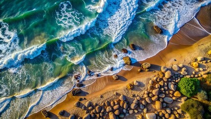 Wall Mural - Aerial view of the seashore. Waves, stones and sandy shore.