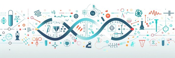 Aufkleber - A double helix DNA strand is surrounded by a variety of medical icons, including microscopes, test tubes, and stethoscopes, showcasing advances in genetics. Generative AI