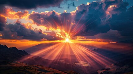 Wall Mural - a beautiful sunset with a bright sun shining through the clouds. the sky is filled with a warm orang