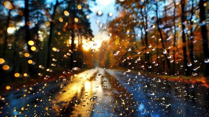 Wall Mural - A blurry image of a road with raindrops on it. Scene is somewhat melancholic, as the raindrops blur the view of the road and the trees in the background