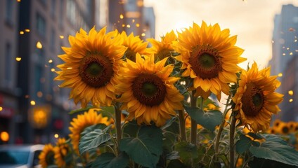 Vibrant Sunflowers Bloom Amidst the Metropolis A Double Exposure Showcasing Lifes Resilience.