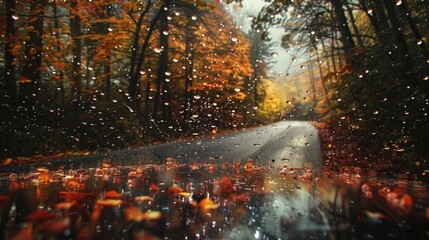 Wall Mural - a road with a lot of leaves on it and rain
