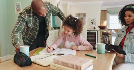 Canvas Print - Black man, daughter and homework in house, helping and mom with tablet for remote work and online. Kitchen, father and happy to check on child, coffee and writing of girl with classwork and family