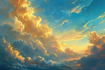 Wall Mural - a painting of a cloudy sky with a bright orange sun in the background. the sky is filled with fluffy