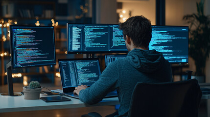 photography of a programmer working on a sleek laptop with multiple high-resolution monitors display