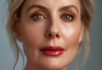 Wall Mural - Elegant studio portrait of a beautiful middle-aged woman with tousled blonde hair, green eyes, and a confident smile against a plain gray background