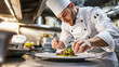 © AiiNa - Photography of a chef meticulously plating a gourmet dish in a high-resolution kitchen, with a UHD focus on the intricate details of the presentation