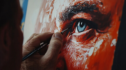 Photography of a close-up of an artist’s face with intense concentration as they work on a fine art piece, captured in 4K to showcase their focused expression and the surrounding workspace 