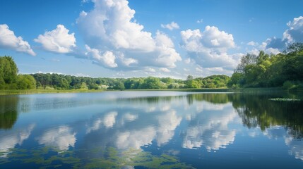 Sticker - Fluffy clouds hang low over a tranquil lake, their reflections creating a mirror image on the still water.