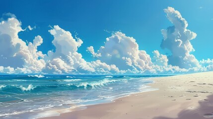 Wall Mural - Fluffy clouds roll over a sunlit beach, their soft shadows dancing on the sand.