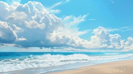 Wall Mural - Fluffy clouds roll over a sunlit beach, their soft shadows dancing on the sand.