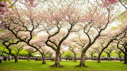 Cherry Blossom Magic: A captivating image showcasing the enchanting beauty of a cherry blossom-filled park, with people strolling along a picturesque path amidst a breathtaking floral display. 2