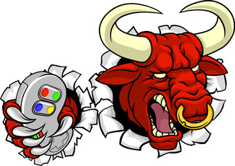 Wall Mural - A bull or Minotaur monster longhorn cow angry mean video game gamer mascot cartoon character.