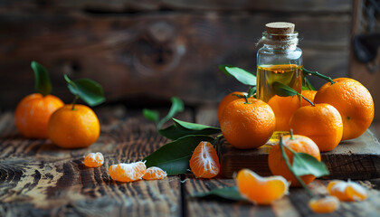 Wall Mural - Aromatic tangerine oil, with tangerines on a wooden background