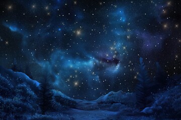 Wall Mural - Night sky filled with stars, nebulae, galaxies. Dark blue background with multitude of celestial bodies shining bright. Cosmic dust, gas clouds scattered across universe. Dreamlike atmosphere with