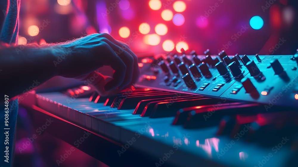Close-up back view of a keyboardist playing a synthesizer, detailed ...