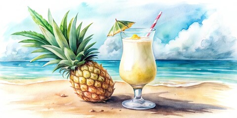 Watercolor of a refreshing summer pina colada cocktail with pineapple for a beach party , tropical, drink, beverage, cocktail