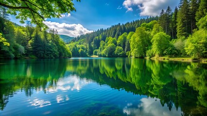 Sticker - A serene lake surrounded by lush green forest , nature, tranquil, scenery, landscape, peaceful, water, reflection, trees