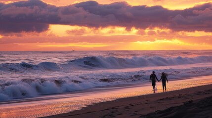 Canvas Print - Silhouettes of Love on a Beach at Sunset