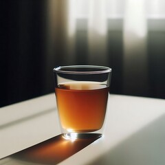 A glass of tea sits on a plain white table, illuminated by soft natural light from a nearby window. 