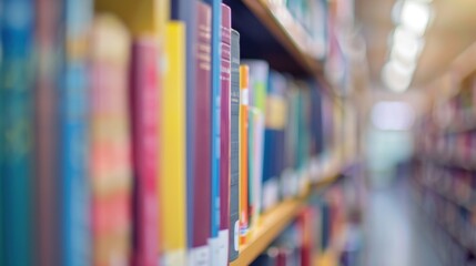 A blurred background of library shelves with books and other educational materials, representing the concept of knowledge base in education and study at university or college. 