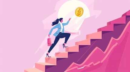 Successful businesswoman climbing stairs with money, achieving financial success and reaching commercial goals illustrated in a colorful cartoon.