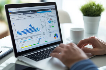 Wall Mural - seo specialist conducting keyword research: digital marketing professional analyzing data on laptop.