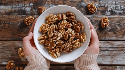 Bowl of walnuts in woman's hands, handful of unshelled nuts, cracked nut, woman holds nuts in white bowl, nourishing nutrients, healthy diet, wooden backdrop, top-down view, premium image.