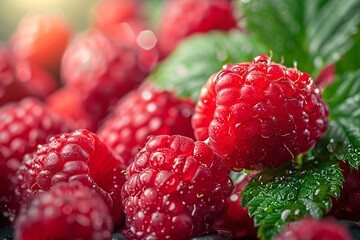 Wall Mural - Juicy and ripe raspberry closeup with organic and natural feel, capturing the essence of harvest.