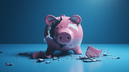 Smash piggy bank, broken pieces on the floor, solid blue background, soft ambient light, photorealistic style, reflective and contemplative mood