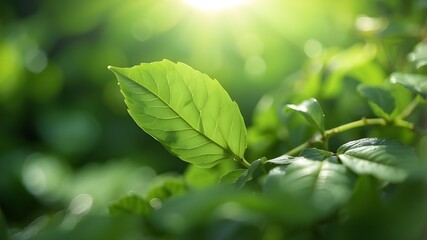 A young green leaf with sunlight on a background of nature.