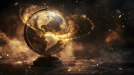 An antique globe merged with holographic data streams against a backdrop of cosmic lighting, steampunk influence, mystical atmosphere, educational wonder, surreal composition, image use