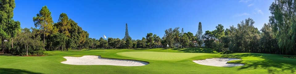  Scenic Coastal Golf Course in Need of Repair: Lush Greens, Flagsticks, and Bunkers Under Clear Blue Skies - Perfect Setting for Outdoor Sports and Summer Leisure, Featuring a Prominent Divot Awaiting