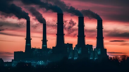 A coal-fired power station silhouetted against a vibrant sunset sky. 