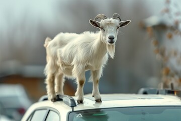 Wall Mural - Goat on a Car