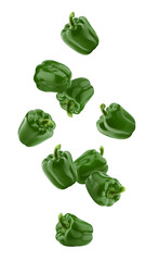 Poster - Falling sweet Pepper, green Paprika, isolated on white background, full depth of field