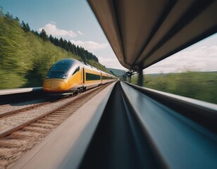 Poster - Modern high-speed train approaches to the station at spring morning time.