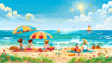 Wall Mural - Happy family enjoying a sunny beach picnic with blue sky, ocean, and white clouds.