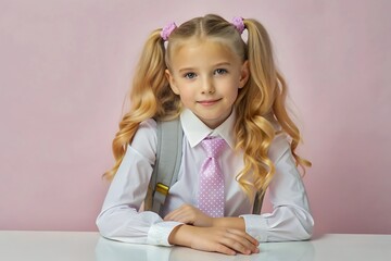 Portrait of a school girl in a suit with backpack ready to go to school on plain color background