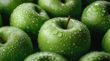 Fresh green apples with water droplets, forming a crisp and vibrant pile.