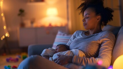 Intimate Moment of Postpartum Mother Breastfeeding Newborn in Cozy Living Room