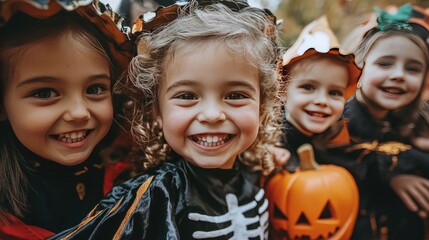 funny and cute kids in halloween costumes, ready for a carnival celebration.