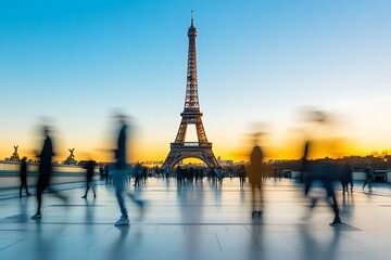  A dynamic image capturing people running in motion blur with the iconic Eiffel Tower in the background