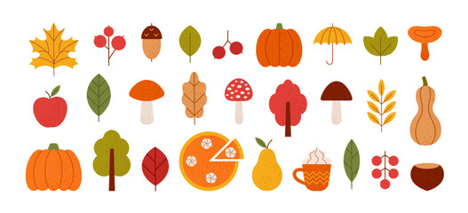 Wall Mural - Autumn icons set. Fall elements for holiday design. Minimalist geometric style. Autumn leaves, mushrooms, maple, acorns, pie, berries, oak, pumpkins. Harvest time. Vector flat illustration.