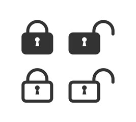 Wall Mural - isolated black padlock shapes on white background. opened and locked variations. vector icons in fla